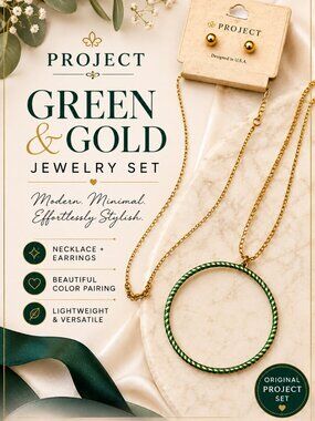 Project Gold Green Circle Pendant Necklace Stud Earrings Jewelry Set New on Card